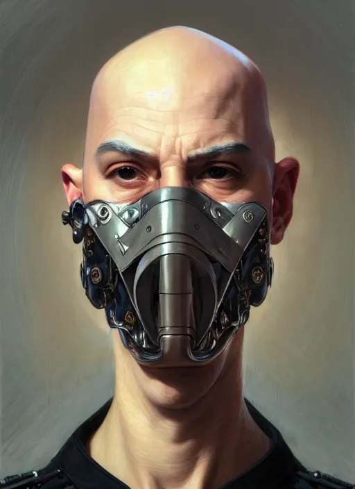 Image similar to portrait of supreme leader with cybernetic mask, bald, royalty, extravagant, lord, full body, military uniform, fantasy, intricate, elegant, beautiful, highly detailed, charcoal, centered, dark, smokey, digital painting, artstation, concept art, art by artgerm and greg rutkowski and alphonse mucha