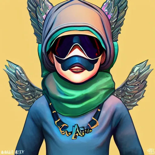 Image similar to baby Angel, baby cherub,wearing angel, face covered, Gucci, x logo, halo, ski mask, balaclava, face covered, wearing angel halo covered face, orange hoodie, hip hop, multiple golden necklaces, fantasy art apex fortnite Video game icon, 2d game art gta5 cover , official fanart behance hd, artstation by Jesper Ejsing, by RHADS, Makoto Shinkai and Lois van baarle, ilya kuvshinov, rossdraws