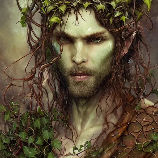 Image similar to a male firbolg druid with vines for hair, fantasy, dungeons and dragons, an ultrafine detailed painting by ayami kojima, cgsociety, fantasy, anime digital art, lovecraftian, cosmic horror, detailed painting