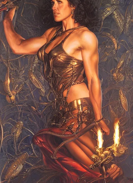 Image similar to portrait of a very muscled Jennifer Connelly as a heroine staring into the camera, torches and fireflies, artstation, intricate, elegant, highly detailed, art by Donato Giancola, Joseph Christian Leyendecker, WLOP, Boris Vallejo, Artgerm