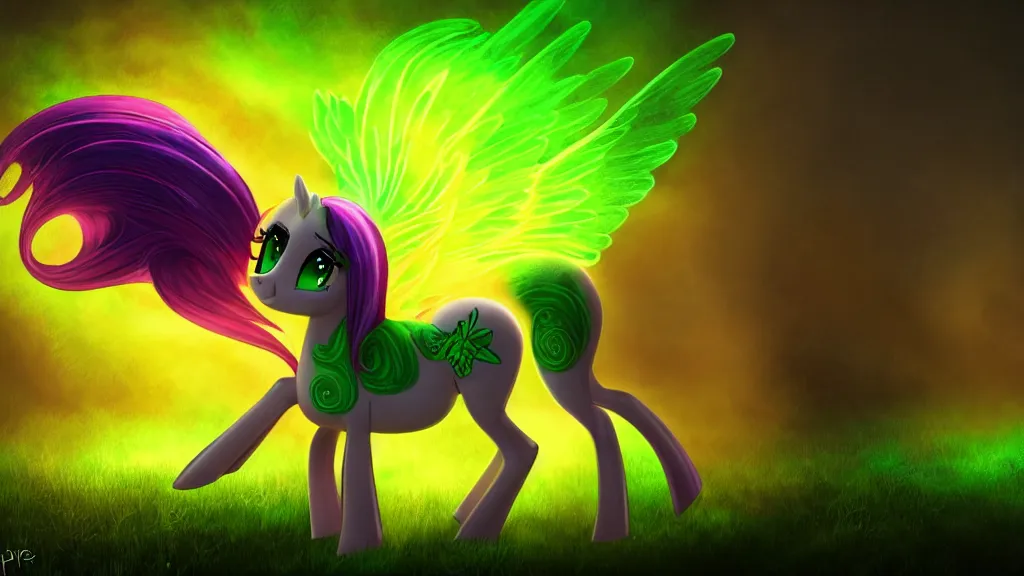 Prompt: 3D Fluttershy from My Little Pony as a necromancer, standing over a dead pony, bright green swirls coming up around her, glowing aura, pitch black background, dramatic and colorful lighting, she is surrounded by green chibi glowing skulls, smoke all around, unrealengine, 4k, HDR, side angle, body lying on the ground
