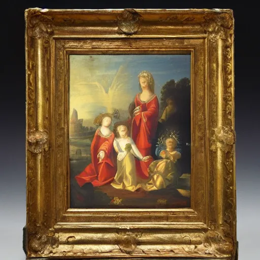 Image similar to 1 8 th century painting of 3 mary's, and 2 angels in the background