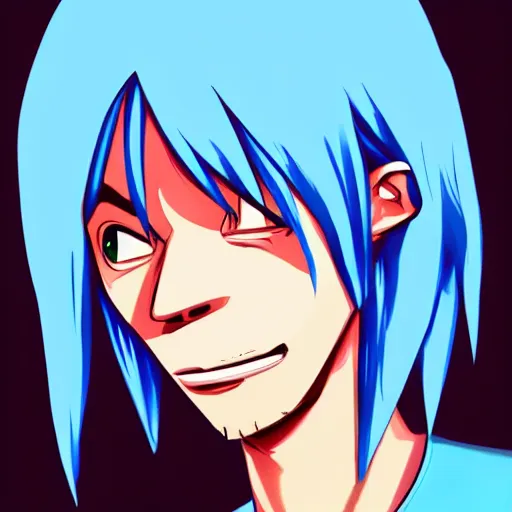 Image similar to 2 d from gorillaz, portrait, messy blue hair, illustration, digital art