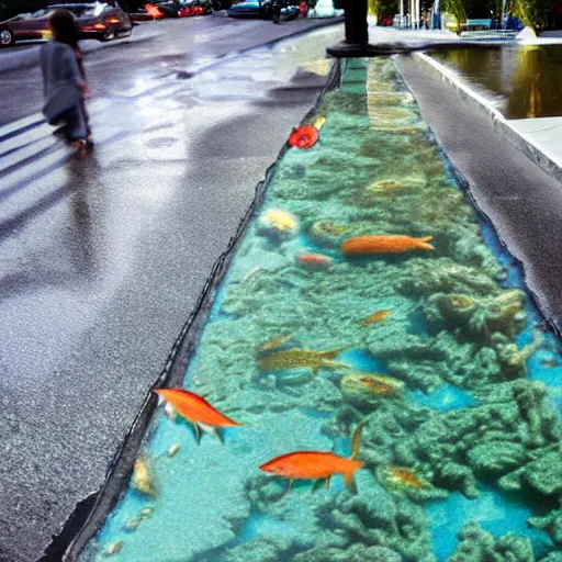 Image similar to a liquid sidewalk with a group of fish swimming inside it