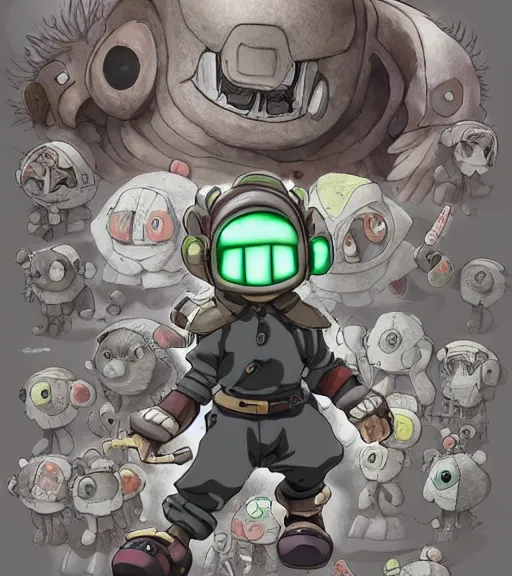 Image similar to attractive little boy wearing an cyborg bear suit, artwork in kentaro miura and made in abyss and sakimichan, inspired in super bomberman, smooth, beautiful lightness, anatomically correct, trending on pixiv, moon