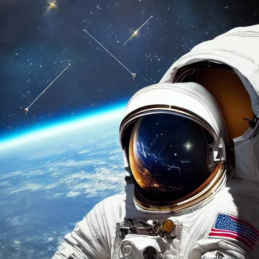 Prompt: “astronaut on board international space station wearing black space suit and gold helmet, highly detailed, realistic, portrait, no flag patch, symmetrical, photorealistic, proportional, beauty, fish eye lens, nasa, spacex, galaxies, in the style of Children drawing sun rising”
