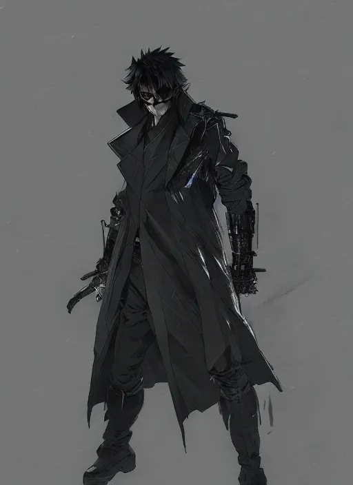 Image similar to Half body portrait of a menacing demon hunter in long trench coat with black fog oozing. In style of Yoji Shinkawa and Hyung-tae Kim, trending on ArtStation, dark fantasy, great composition, concept art, highly detailed, dynamic pose.