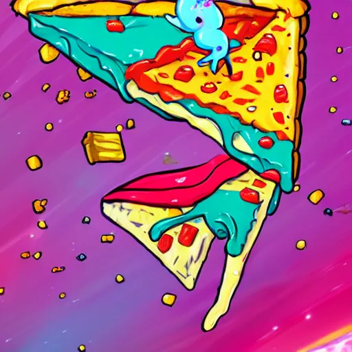 Image similar to highly detailed concept art in of a happy little pink dolphin flying through space eating pizza and cheese, where the planets are candy, hd, trending on artstation