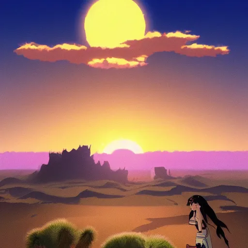 Image similar to sunset in the desert, fantasy art, illustration, animated film, by studio ghibli