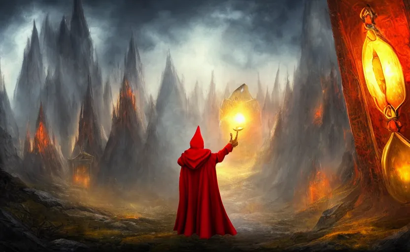 Prompt: red hooded mage, holding a golden bell, standing in front of an arcane gate to another realm, mindblowing, landscape art, ominous, magical, dnd, 4 k uhd, very detailed
