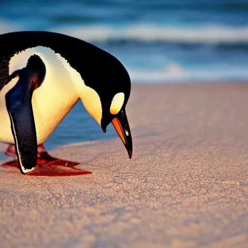 Image similar to photo of a penguin writing with a stick in the sand, sunset natural geographic, award winning