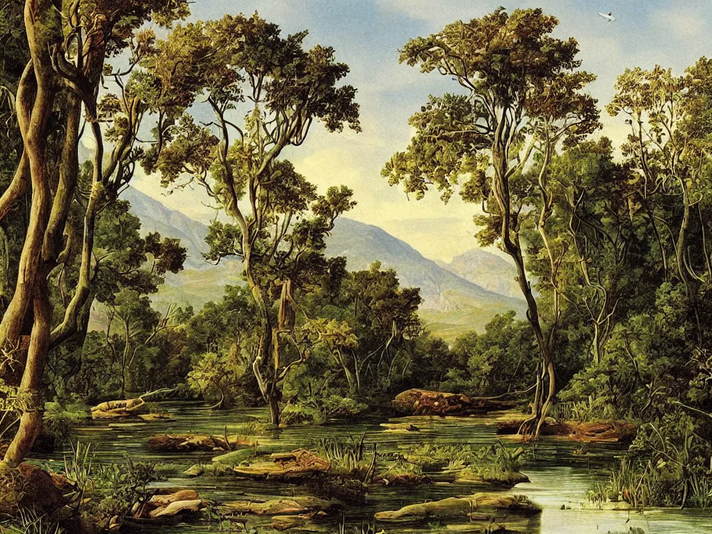 Prompt: Fauna on Earth 50 million years ago. A river, meadow. Painting by Audubon