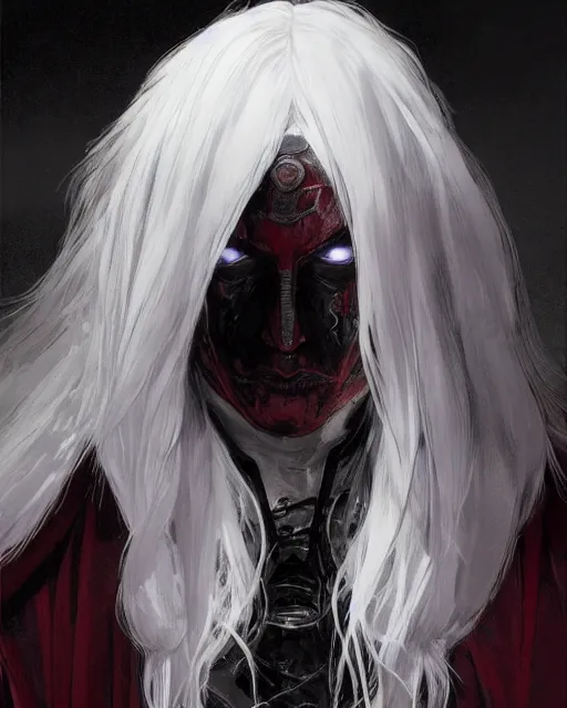 Prompt: '' Blood warlock with white hair, dark theme, white long hair, fangs, dark cape, dark eyes,background full of corpses drained of blood, high detail, 4k , digital painting, artstation, concept art, sharp focus, illustration, art by greg rutkowski and alphonse mucha ''