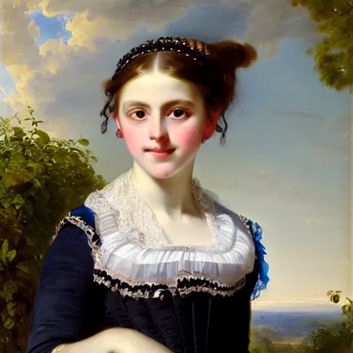 Image similar to portrait of a german teenage princess, circa 1 8 5 0 by franz xaver winterhalter, highly detailed, beautiful, oil on canvas, 1 8 5 0 s, romanticism