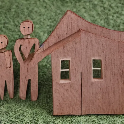 Prompt: a family made out of wood in a normal house