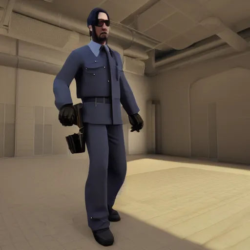 Prompt: gameplay footage of Keanu Reeves in Team Fortress 2, 3d Render, source engine