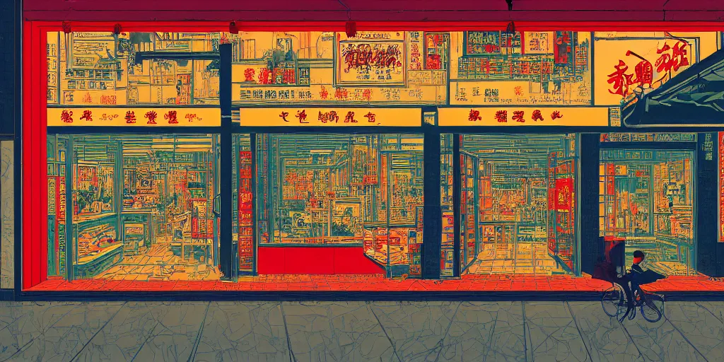 Image similar to a shop window in hong kong, by dan mumford and peter doig and edward hopper, minimal, black in, thick lines highly detailed, muted colours, overlaid with chinese adverts, 8 k