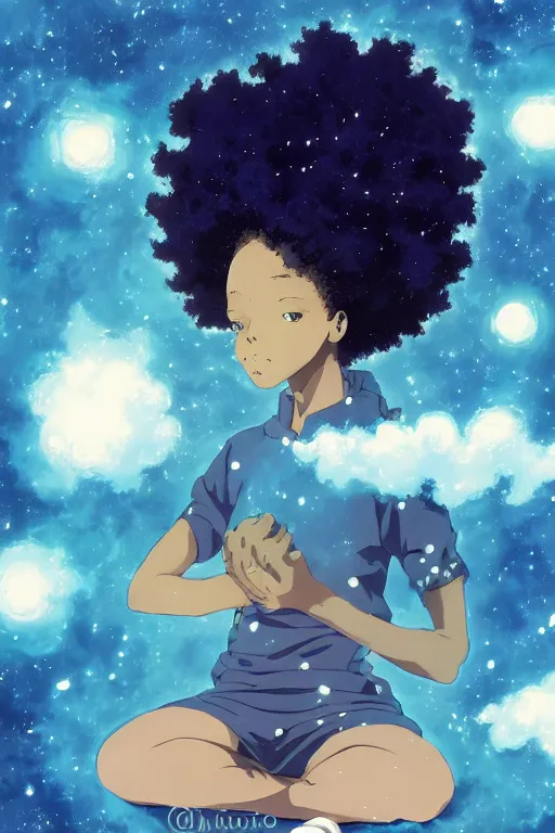 Prompt: ( a young black girl with a nebula afro and third eye ) sitting on a cloud, trending on pixiv fanbox, painted by makoto shinkai takashi takeuchi studio ghibli, akihiko yoshida, yoshitaka amano, wangechi mutu, clean cel shaded vector art, illustration, hd, 8 k