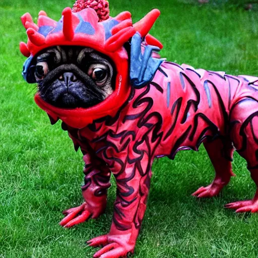 Image similar to pug dressed as demogorgon