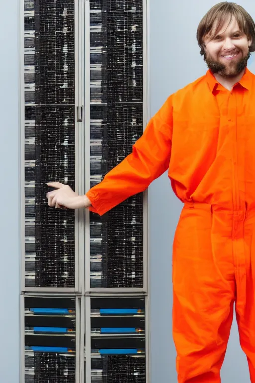 Image similar to extremely arrest photo of the programmer who killed the middle manager who bought an ibm mainframe and actually thought that was a good idea. high contrast color, orange jumpsuit, absolutely no regrets, smile on his face