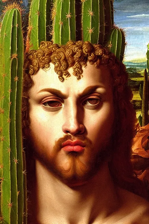 Prompt: renaissance painting of evil men, portrait, face closeup, emotions closeup, dressed in spartan armour, the beautiful garden with cactus bush everywhere, ultra detailed, art by guido reni style, vincenzo catena style