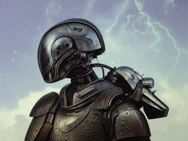 Image similar to a detailed profile oil painting of a bounty hunter in armour and visor, cinematic sci-fi poster. technology flight suit, anatomy portrait symmetrical and science fiction theme with lightning, aurora lighting clouds and stars. Clean and minimal design by beksinski carl spitzweg and tuomas korpi. baroque elements. baroque element. intricate artwork by caravaggio. Trending on artstation. 8k