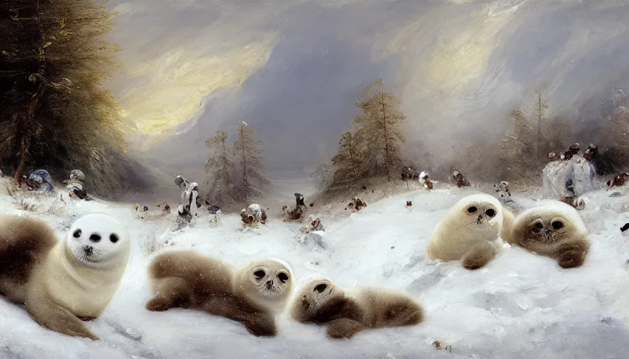 Image similar to highly detailed closeup painting of cute furry white baby seals inside a snowy playpark by william turner, by greg rutkowski, by william constable, thick brush strokes and visible paint layers, 4 k resolution