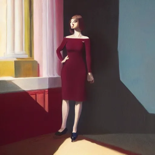 Image similar to beautiful woman in elegant clothing under soft blue light and standing in a burgundy room with vacant stare by edward hopper, arcimboldo, david lynch, greg rutkowski,, trending on artstation