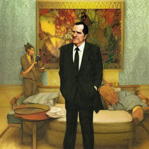 Prompt: Richard Nixon smoking weed in a hotel room with Bob Dylan, yellow theme, by krenz cushart and mucha and yoneyama mai and greg rutkowski