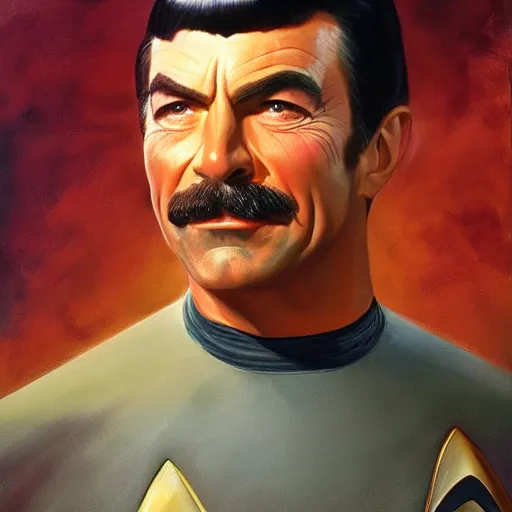 Prompt: ultra realistic portrait painting of tom selleck as spock, art by frank frazetta, 4 k, ultra realistic, highly detailed, epic lighting