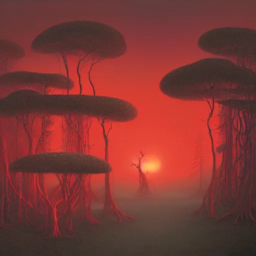 Image similar to landscape painting of redwood forest overrun with red alien vines and cancerous tumor pufball mushrooms with an ominous red sunset, by Beksinski and Ansel Adams and Greg Rutkowski and Moebius