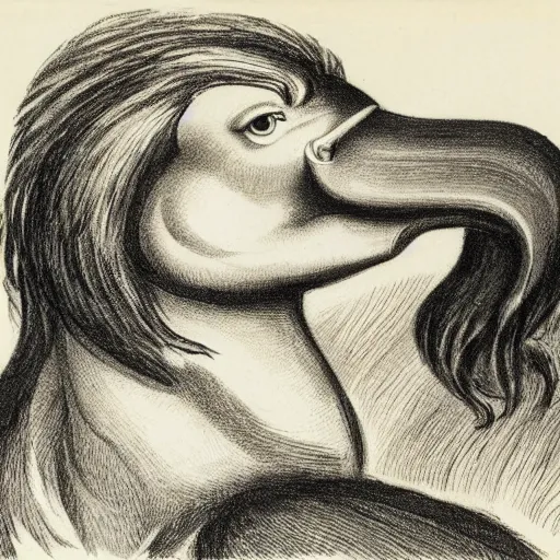 Image similar to a creature with the body and eyes of a man, with the beak of an eagle, the mane of a lion, and the horn of a bull. drawn by edward hopper