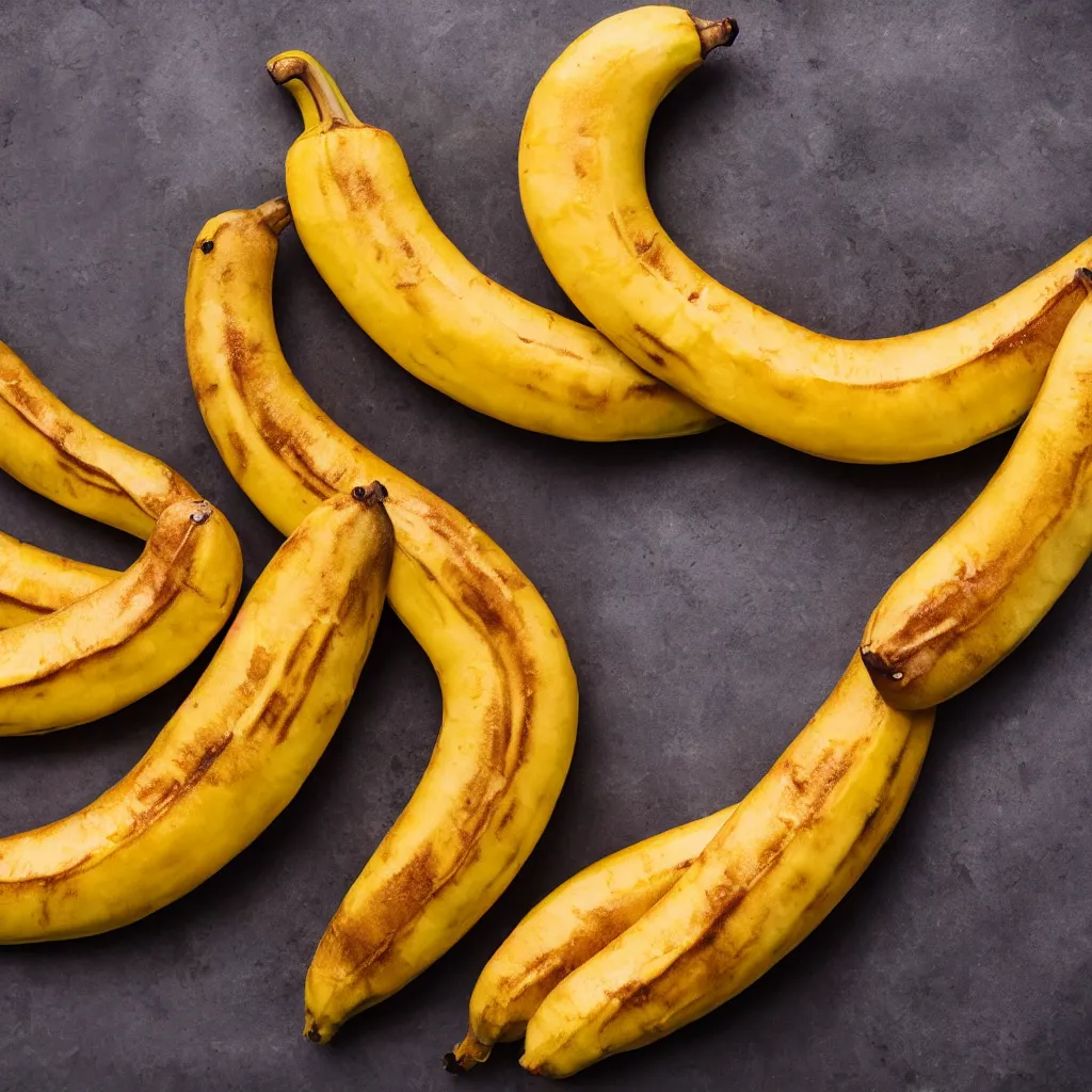 Prompt: long ripe bananas with orange skin, closeup, hyper real, food photography, high quality