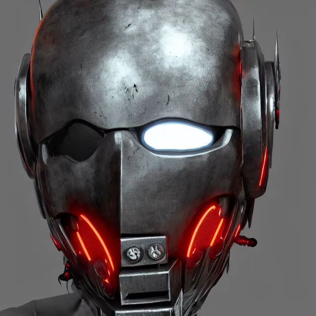 Image similar to slipknot mecha mask, dark cinematic, volumetric, realistic, 3 d render, cinematic lighting, ray tracing, cinematic, unreal engine 5, unreal engine render, octane render, hyper realistic, photo, 8 k