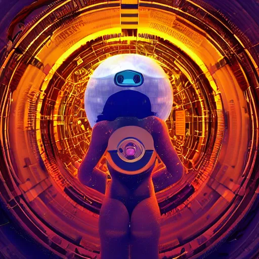 Image similar to space station on the moon, piles of modular synth cables mixed with mangrove roots, kawaii puerto rican goddess staring through your soul wearing a headpiece made of circuit boards, by makoto shinkai and stanley kubrick, unique perspective, eastman color, trending on artstation, cinematic, 3 d render, muted neon