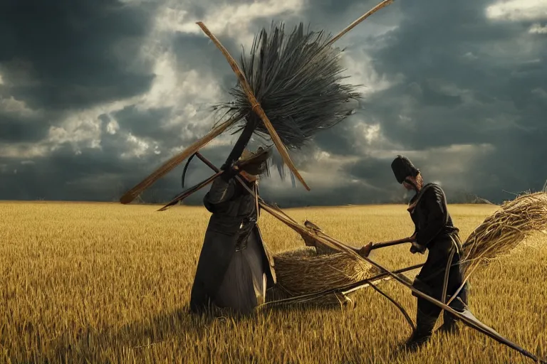 Image similar to concept art, a stage, man with scythe, mowing of the hay, traditional romanian clothing, dramatic lighting, beautiful, volumetric lighting, colorful, octane render