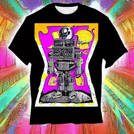 Image similar to mockup of a black tshirt with a hyperdetailed portrait of a steampunk robot by robert crumb, 8 k, symetrical, flourescent colors, happy trippy mood, multicolored,