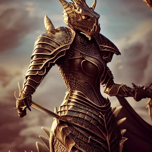 Image similar to highly detailed realistic stunning shot of a beautiful anthropomorphic female dragon knight, resting a detailed and engraved longsword over her armored shoulder, cloak flittering in the wind, high quality, HD octane render, epic cinematography, Artstation, Deviantart, Furaffinity