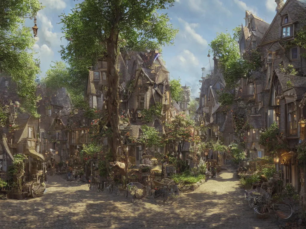 Prompt: streetview of a magical village on a slow day, inspired by victorian england and amsterdam, sunny weather, highly detailed, intricate, digital painting, trending on artstation, concept art, matte painting, art by greg rutkwowski, craig mullins, octane render, 8 k, unreal engine