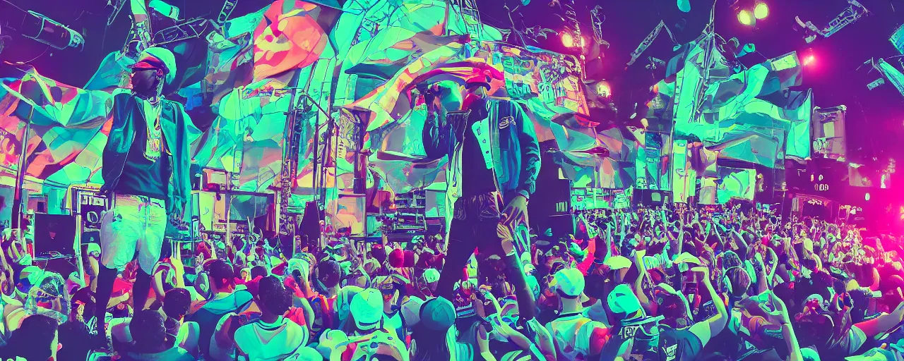 Image similar to rapper performing at huge festival holding microphone, epic angle, digital art, vapor wave, hip hop, trending on Artstation, professional artist, detailed, 4k