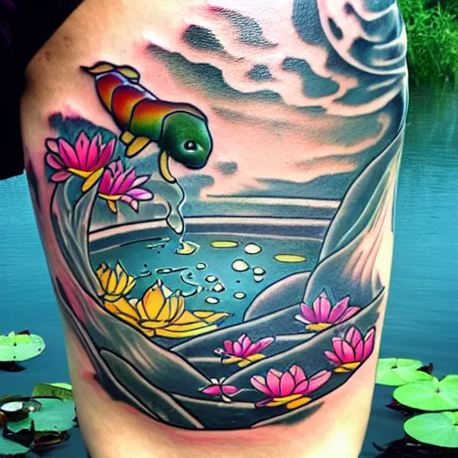 Prompt: Full body tattoo, ink, koi pond, blue water, koi swimming, water lilies, lily pads, rain drops, water ripples, overhead view, studio ghibli style