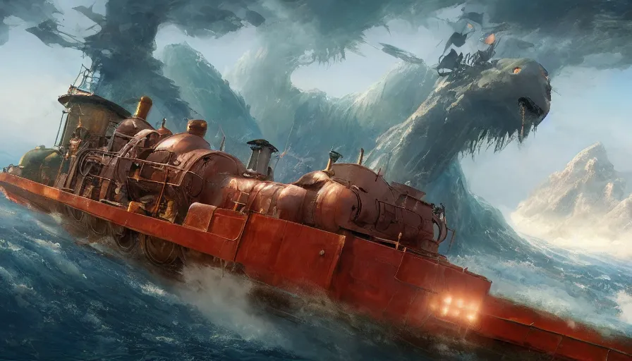 Image similar to craig mullins and ghibli digital illustration of a long train dragon in deep ocean unreal engine, hyper realism, realistic shading, cinematic composition, realistic render, octane render, detailed textures, photorealistic, wide shot