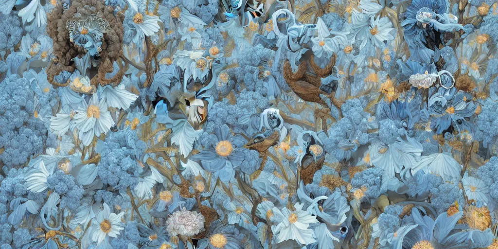 Image similar to breathtaking detailed concept art painting art deco pattern of afro faces goddesses amalmation light - blue flowers with anxious piercing eyes and blend of flowers and birds, by hsiao - ron cheng and john james audubon, bizarre compositions, exquisite detail, extremely moody lighting, 8 k