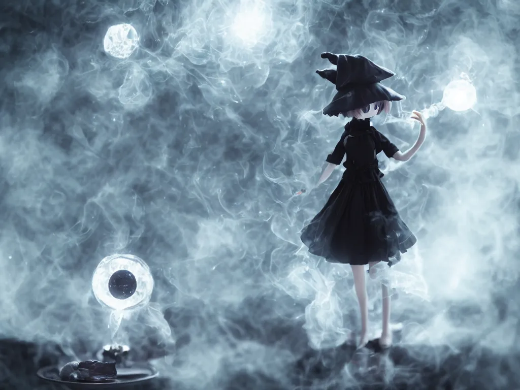 Image similar to cute fumo plush girl gazing into a crystal ball swirling with strange energy, black and white gothic horror, smoke and volumetric fog, witch girl, soothsayer, lens flare glow, chibi anime, vray