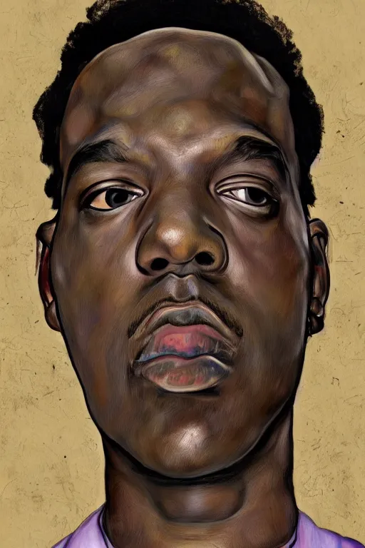 Image similar to a portrait of biggie small in style of egon schiele, masterpiece, hyperdetailed, complex, intricate, 4 k, trending on artstation