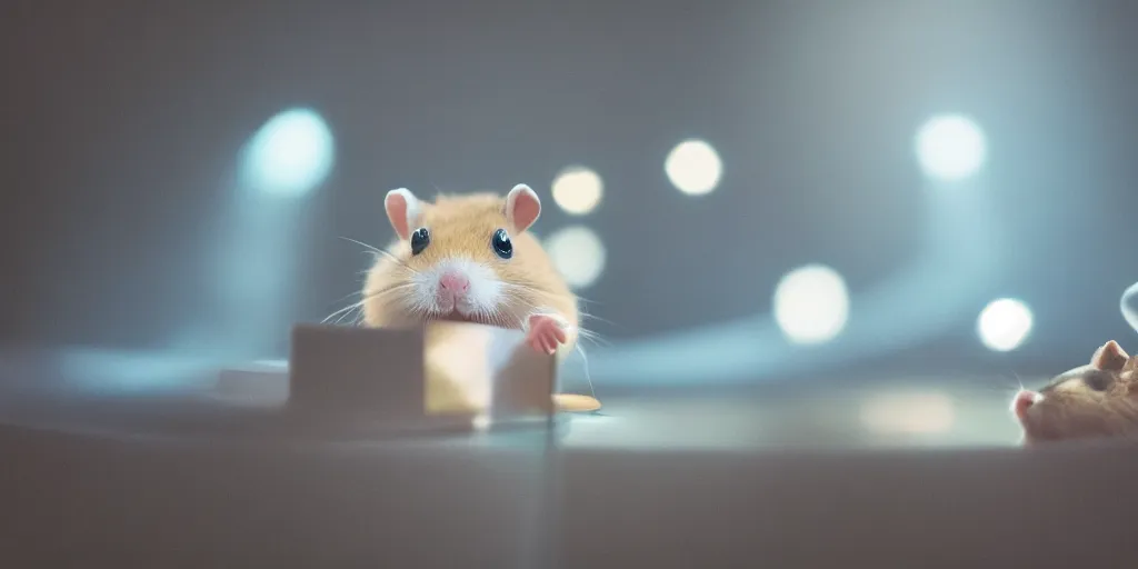 Prompt: An award-winning photo of a hamster in a graduate hat doing a speech from a speech tribune , volumetric lights, university, cinematic, 8K, award-winning photo, perfect moment