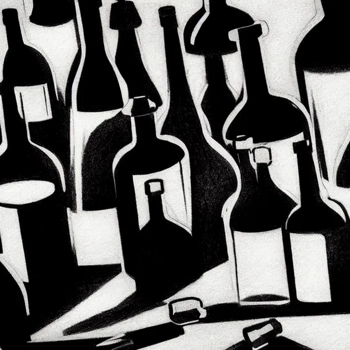 Image similar to extreme close - up on a table : poor quality bottles of different shapes and tones, fruits. background : black tiles on walls. black and white, pencil and ink. by gabriel hardman, joe alves, chris bonura. cinematic atmosphere, detailed and intricate, perfect anatomy