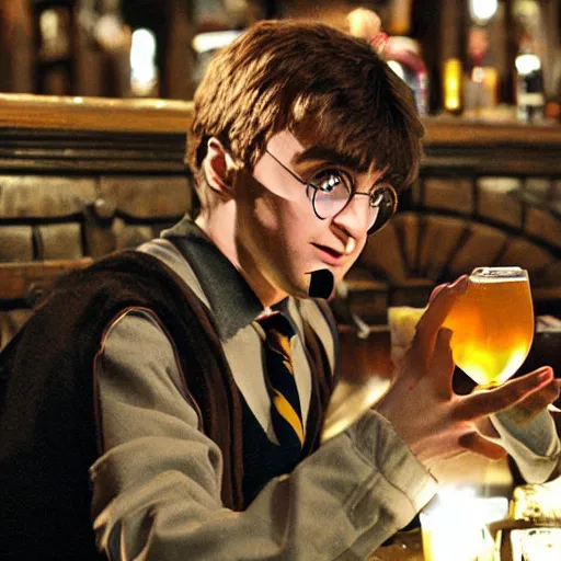 Prompt: beautiful harry potter drinking in a pub