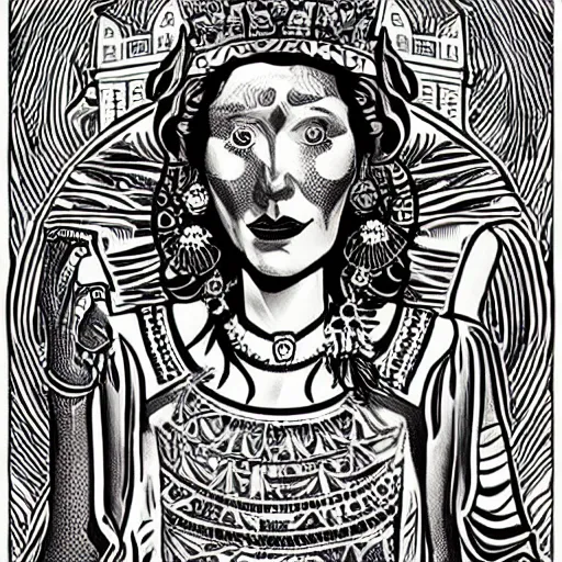 Image similar to mcbess and rutkowski portrait of the queen of an ancient civilisation. its people were said to be wise and just, and their city was a beautiful place full of wonderful buildings and treasures.