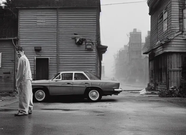 Prompt: a man standing next to a car on a city street, an album cover by Gregory Crewdson, featured on cg society, american realism, movie still, movie poster, criterion collection